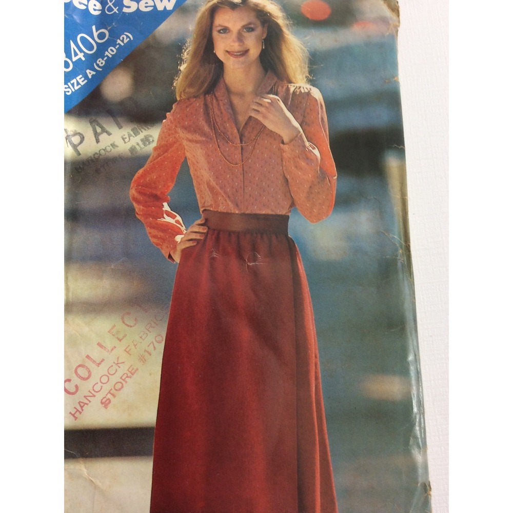 1980s Butterick See & Sew 3406 VTG Sewing Pattern Womens Top Skirt Size 8 10 12